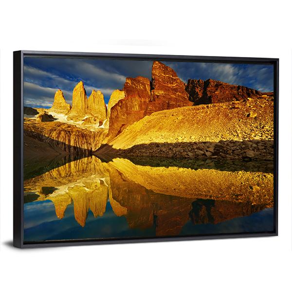 Towers With Reflection At Sunrise Canvas Wall Art-3 Horizontal-Gallery Wrap-25" x 16"-Tiaracle