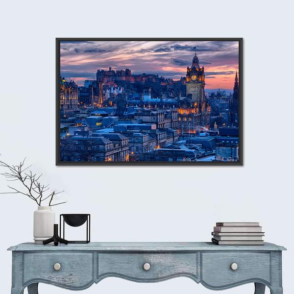Town & Castle Edinburgh Canvas Wall Art-1 Piece-Floating Frame-24" x 16"-Tiaracle