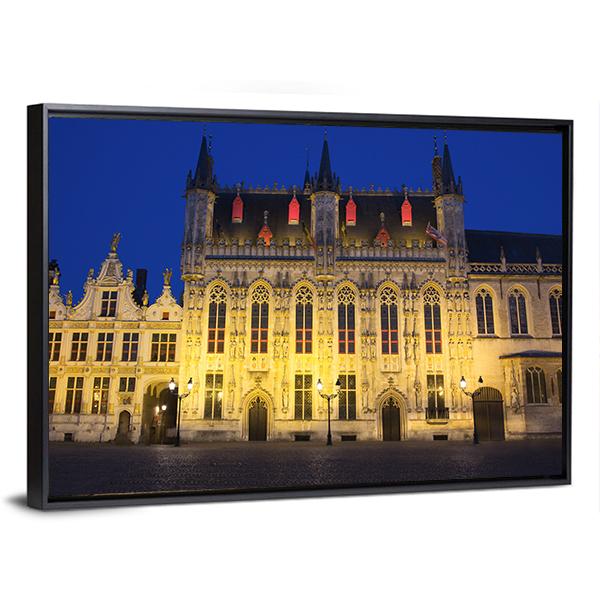 Town Hall And Burg Square In Bruges At Night Canvas Wall Art-3 Horizontal-Gallery Wrap-25" x 16"-Tiaracle