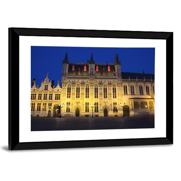 Town Hall And Burg Square In Bruges At Night Canvas Wall Art-3 Horizontal-Gallery Wrap-25" x 16"-Tiaracle