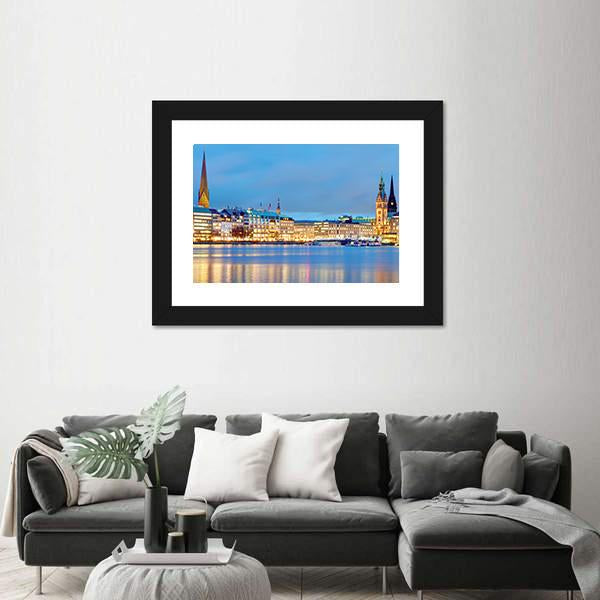 Town Hall & River Alster Canvas Wall Art-1 Piece-Framed Print-20" x 16"-Tiaracle