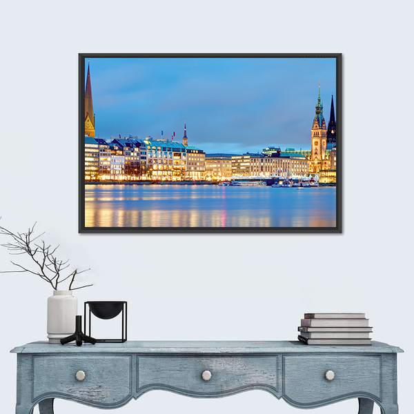 Town Hall & River Alster Canvas Wall Art-3 Horizontal-Gallery Wrap-25" x 16"-Tiaracle