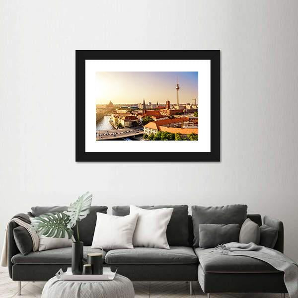Town Hall & Tv Tower Canvas Wall Art-1 Piece-Framed Print-20" x 16"-Tiaracle