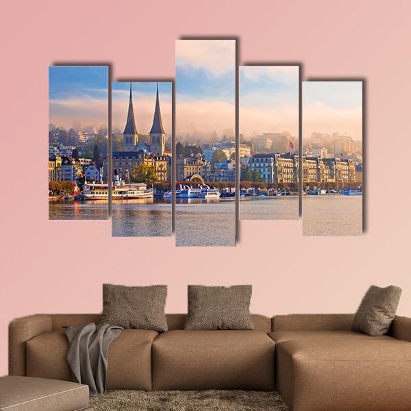 Town Of Luzern Morning Fog View From Lake Canvas Wall Art-5 Pop-Gallery Wrap-47" x 32"-Tiaracle