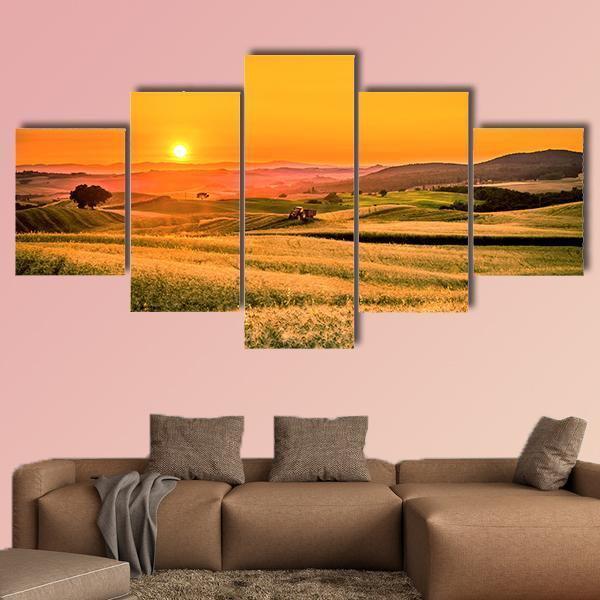 Tractor In Fields Canvas Wall Art-5 Star-Gallery Wrap-62" x 32"-Tiaracle