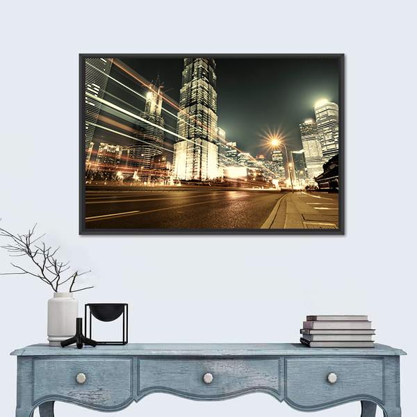 Trade Zone Of The Modern City Night Shanghai Canvas Wall Art-3 Horizontal-Gallery Wrap-25" x 16"-Tiaracle