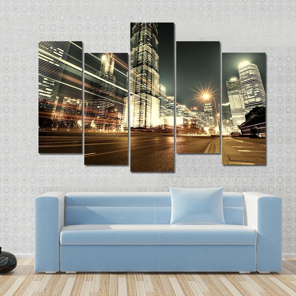 Trade Zone Of The Modern City Night Shanghai Canvas Wall Art-5 Pop-Gallery Wrap-47" x 32"-Tiaracle
