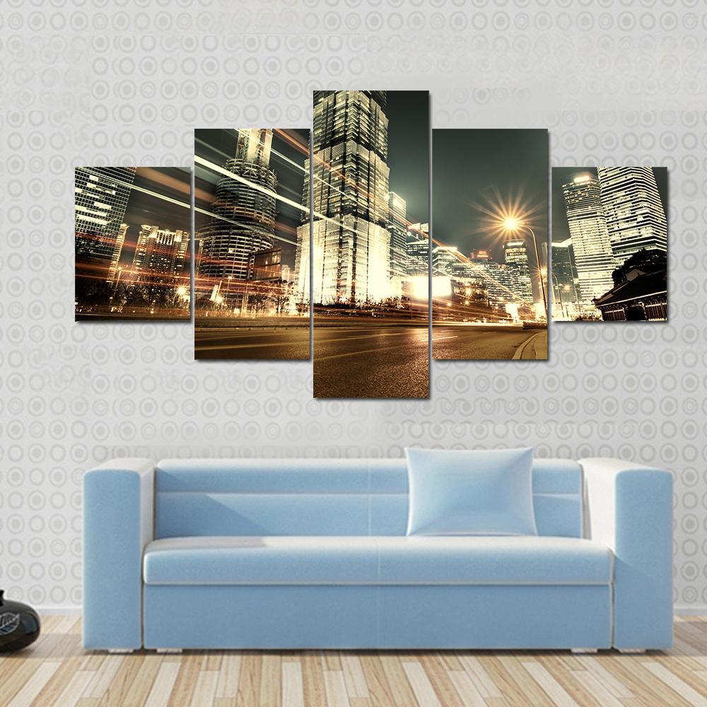 Trade Zone Of The Modern City Night Shanghai Canvas Wall Art-5 Star-Gallery Wrap-62" x 32"-Tiaracle