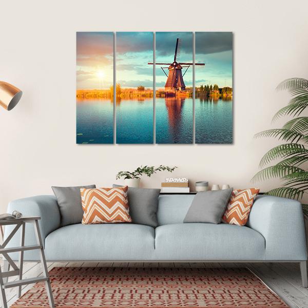 Traditional Dutch Windmills Canvas Wall Art-4 Horizontal-Gallery Wrap-34" x 24"-Tiaracle