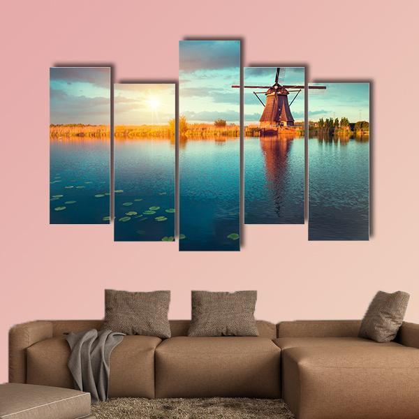 Traditional Dutch Windmills Canvas Wall Art-5 Pop-Gallery Wrap-47" x 32"-Tiaracle