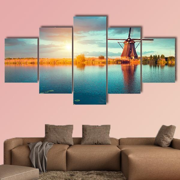 Traditional Dutch Windmills Canvas Wall Art-5 Star-Gallery Wrap-62" x 32"-Tiaracle