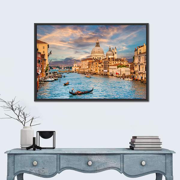 Traditional Gondola In Grand Canal Canvas Wall Art-3 Horizontal-Gallery Wrap-25" x 16"-Tiaracle