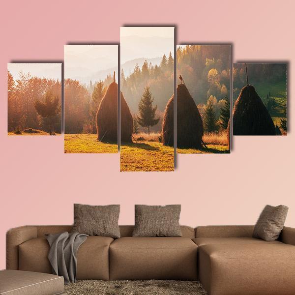 Traditional Hay Stacks In Carpathian Ukraine Canvas Wall Art-5 Star-Gallery Wrap-62" x 32"-Tiaracle
