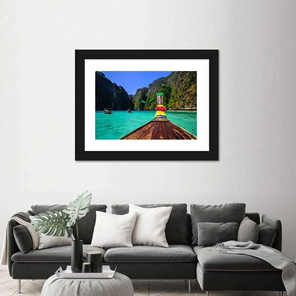 Traditional Longtail Boat In Pile Bay Canvas Wall Art-1 Piece-Framed Print-20" x 16"-Tiaracle