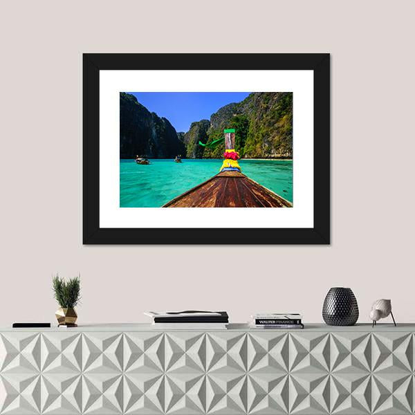 Traditional Longtail Boat In Pile Bay Canvas Wall Art-3 Horizontal-Gallery Wrap-25" x 16"-Tiaracle