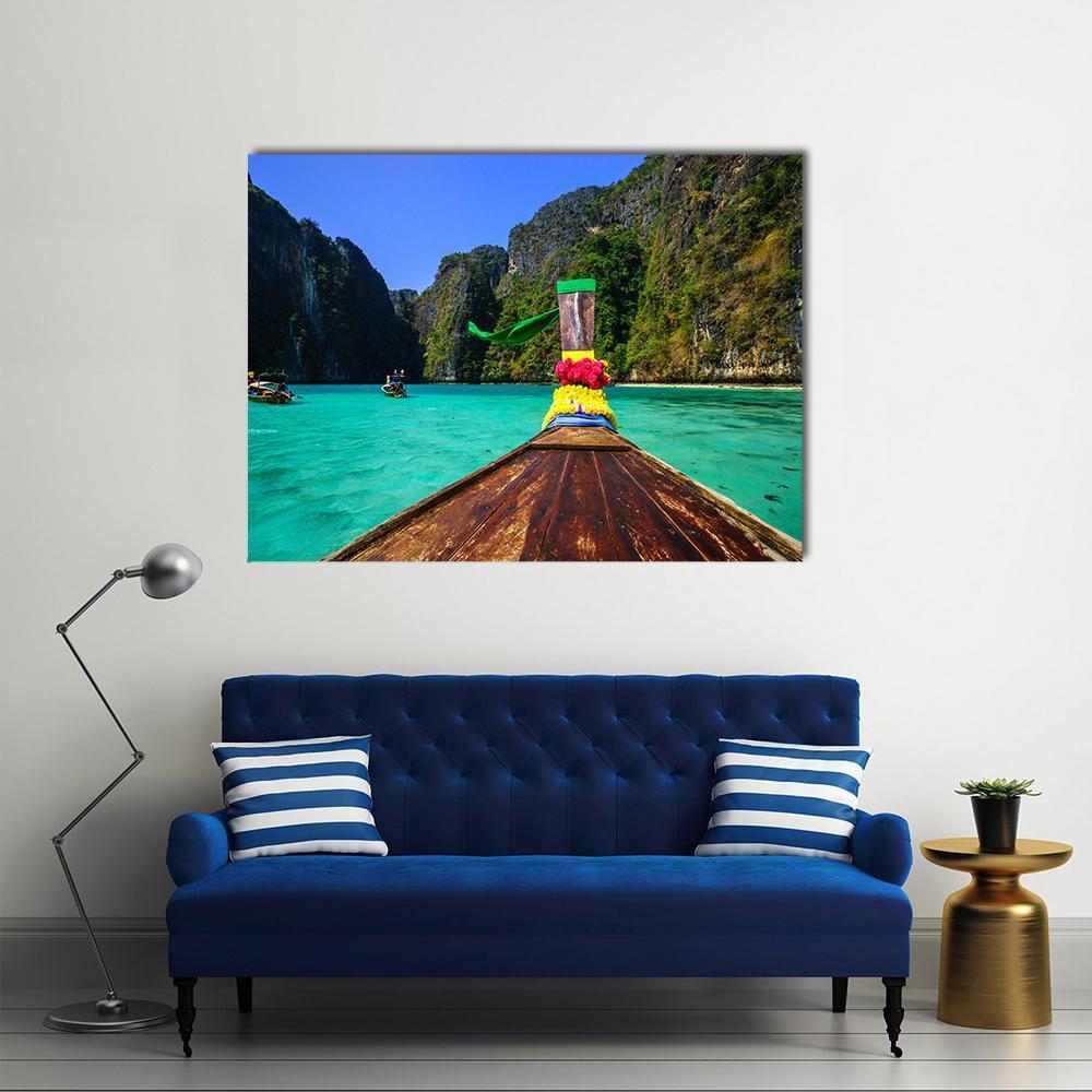 Traditional Longtail Boat In Pile Bay Canvas Wall Art-1 Piece-Gallery Wrap-48" x 32"-Tiaracle