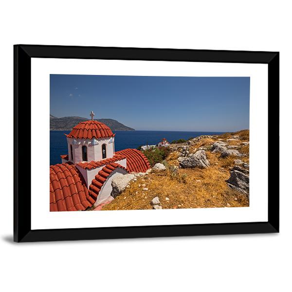 Traditional Red Roof Church On Karpathos Island Canvas Wall Art-3 Horizontal-Gallery Wrap-25" x 16"-Tiaracle