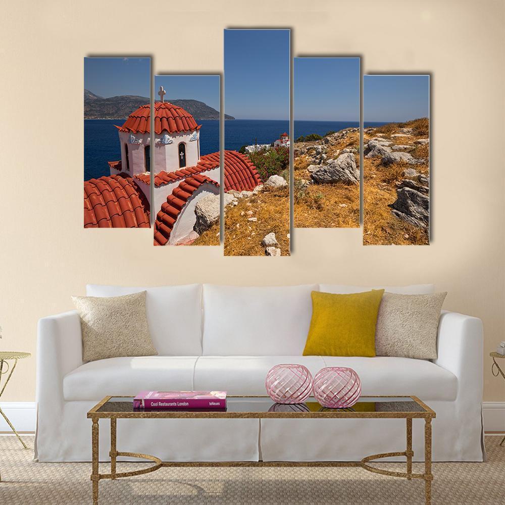 Traditional Red Roof Church On Karpathos Island Canvas Wall Art-5 Pop-Gallery Wrap-47" x 32"-Tiaracle