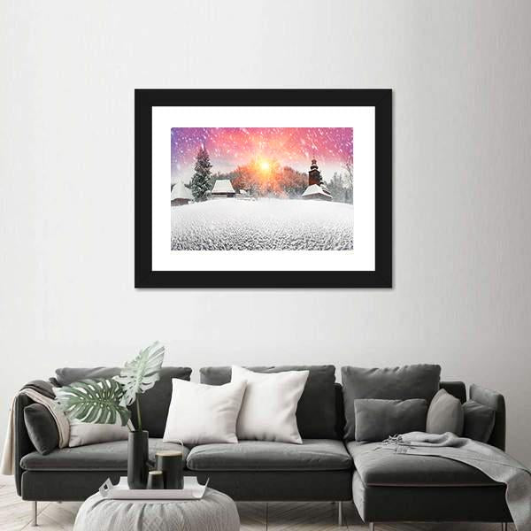 Traditional Ukrainian Village At Snowfall Panoramic Canvas Wall Art-1 Piece-36" x 12"-Tiaracle