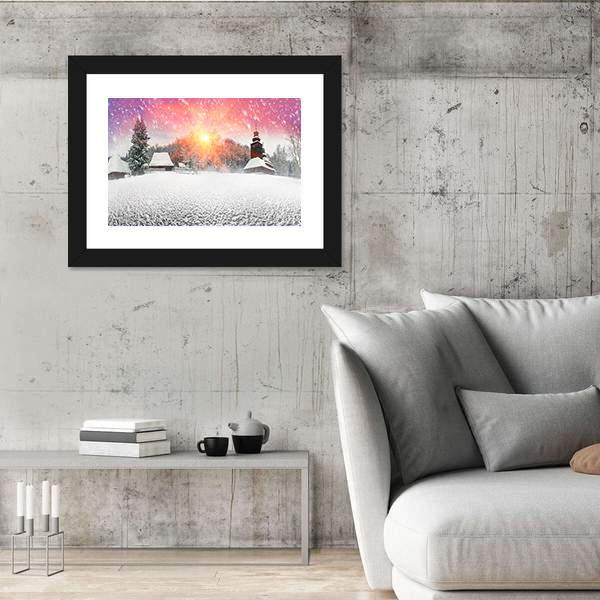 Traditional Ukrainian Village At Snowfall Panoramic Canvas Wall Art-1 Piece-36" x 12"-Tiaracle