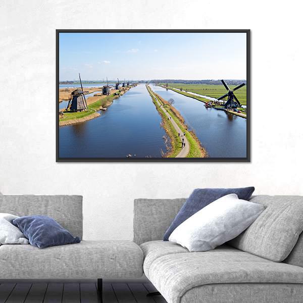 Traditional Windmills Netherlands Canvas Wall Art-1 Piece-Floating Frame-24" x 16"-Tiaracle