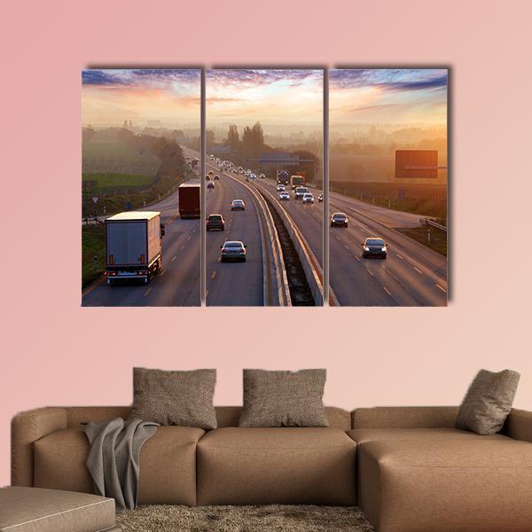 Traffic On Highway With Cars Canvas Wall Art-3 Horizontal-Gallery Wrap-25" x 16"-Tiaracle