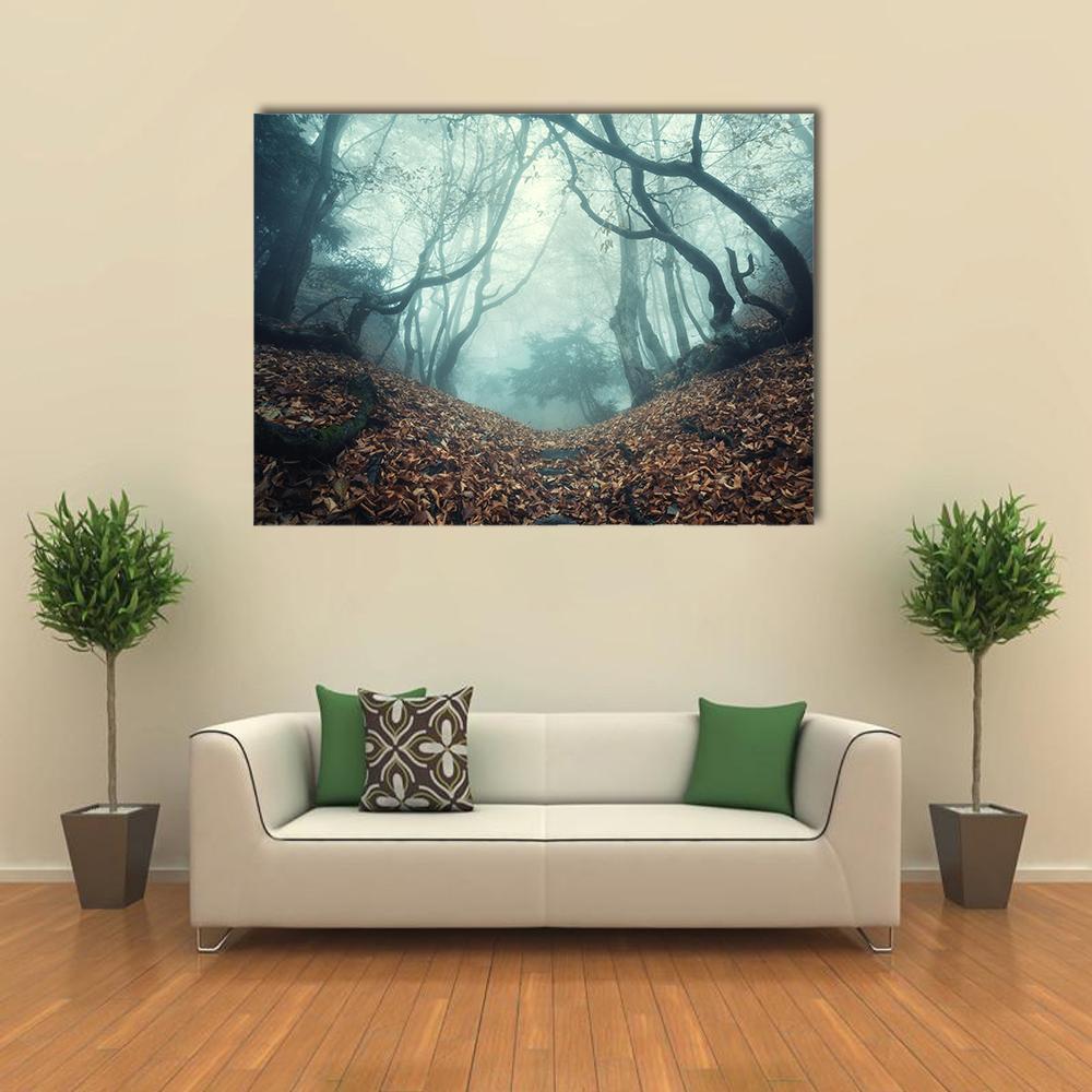 Trail Through A Mysterious Dark Old Forest In Fog Canvas Wall Art-1 Piece-Gallery Wrap-36" x 24"-Tiaracle