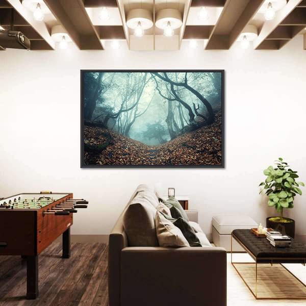 Trail Through A Mysterious Dark Old Forest In Fog Canvas Wall Art-3 Horizontal-Gallery Wrap-25" x 16"-Tiaracle