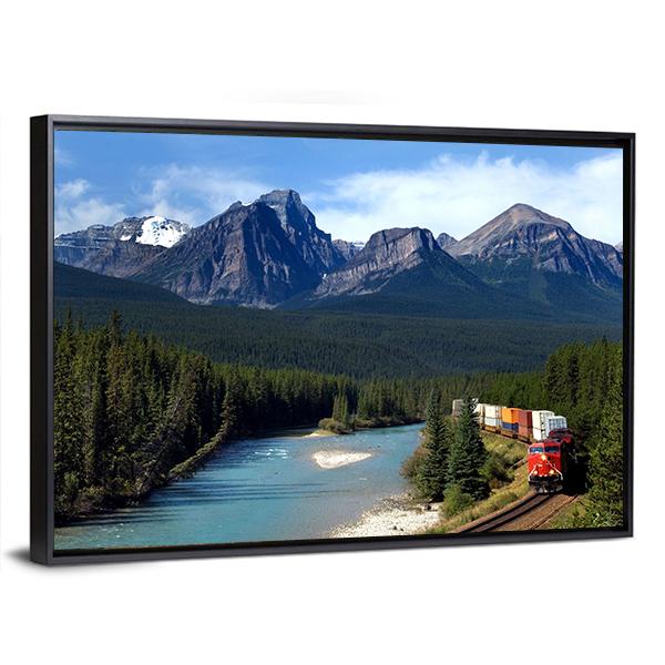 Train Along Bow River Canvas Wall Art-5 Horizontal-Gallery Wrap-22" x 12"-Tiaracle