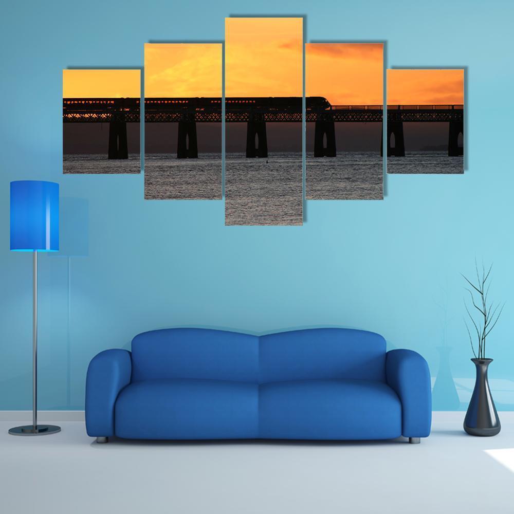 Train Crossing Tay Rail Bridge At Sunset Canvas Wall Art-5 Star-Gallery Wrap-62" x 32"-Tiaracle