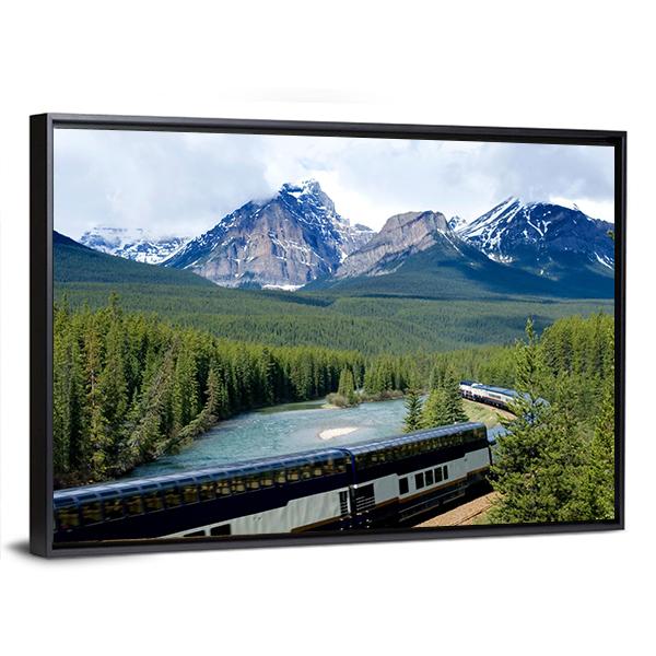 Train In Canadian Rockies Canvas Wall Art-3 Horizontal-Gallery Wrap-25" x 16"-Tiaracle
