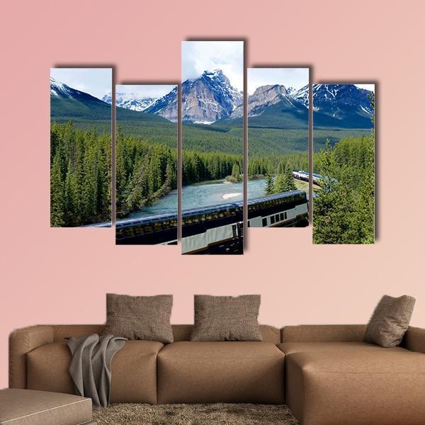 Train In Canadian Rockies Canvas Wall Art-5 Pop-Gallery Wrap-47" x 32"-Tiaracle