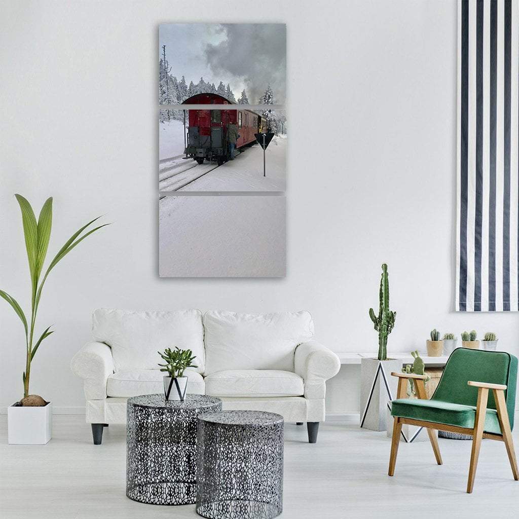 Train In Frozen Landscape Vertical Canvas Wall Art-3 Vertical-Gallery Wrap-12" x 25"-Tiaracle