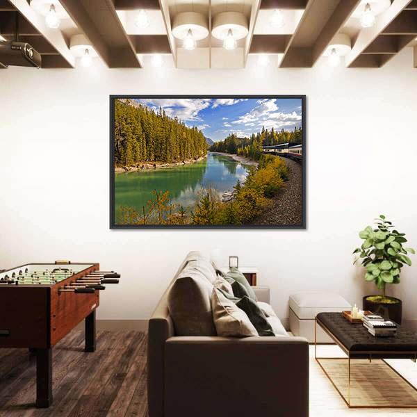Train Journey Through The Rocky Mountains Lake Canvas Wall Art-3 Horizontal-Gallery Wrap-25" x 16"-Tiaracle