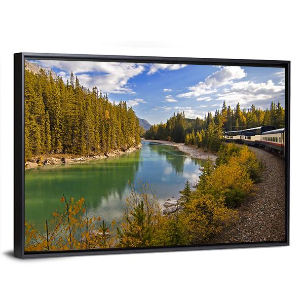 Train Journey Through The Rocky Mountains Lake Canvas Wall Art-5 Horizontal-Gallery Wrap-22" x 12"-Tiaracle