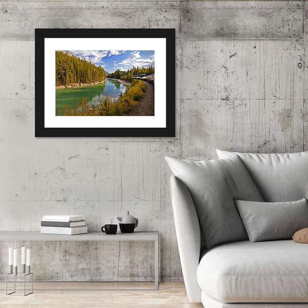 Train Journey Through The Rocky Mountains Lake Canvas Wall Art-3 Horizontal-Gallery Wrap-25" x 16"-Tiaracle