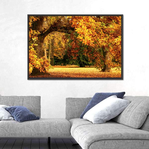 Tranquil Autumn Scenery Showing A Magnificent Oak Tree Canvas Wall Art-1 Piece-Floating Frame-24" x 16"-Tiaracle