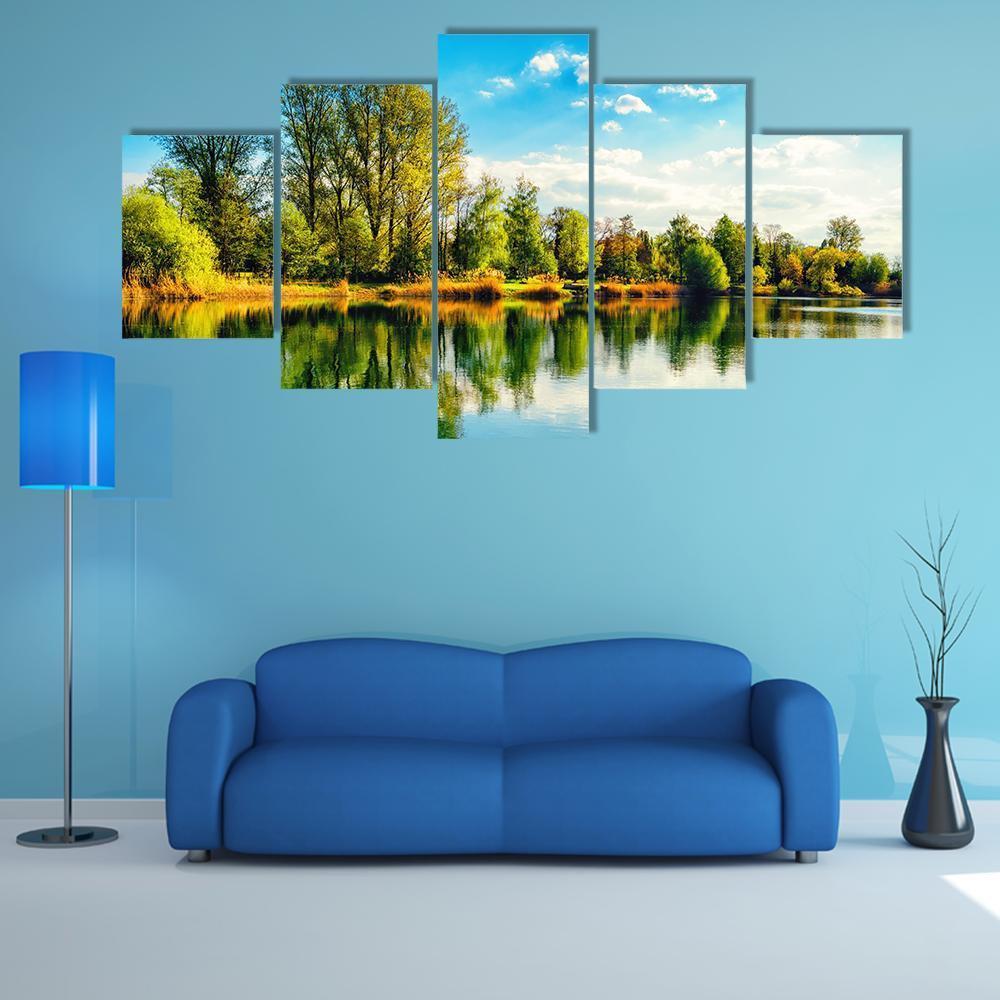 Tranquil Landscape At A Lake Canvas Wall Art-5 Star-Gallery Wrap-62" x 32"-Tiaracle