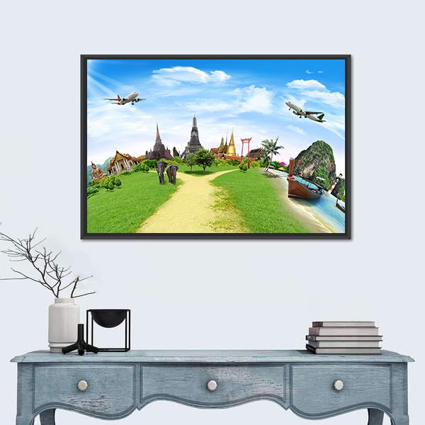 Travel Concept Of Thailand Canvas Wall Art-5 Horizontal-Gallery Wrap-22" x 12"-Tiaracle
