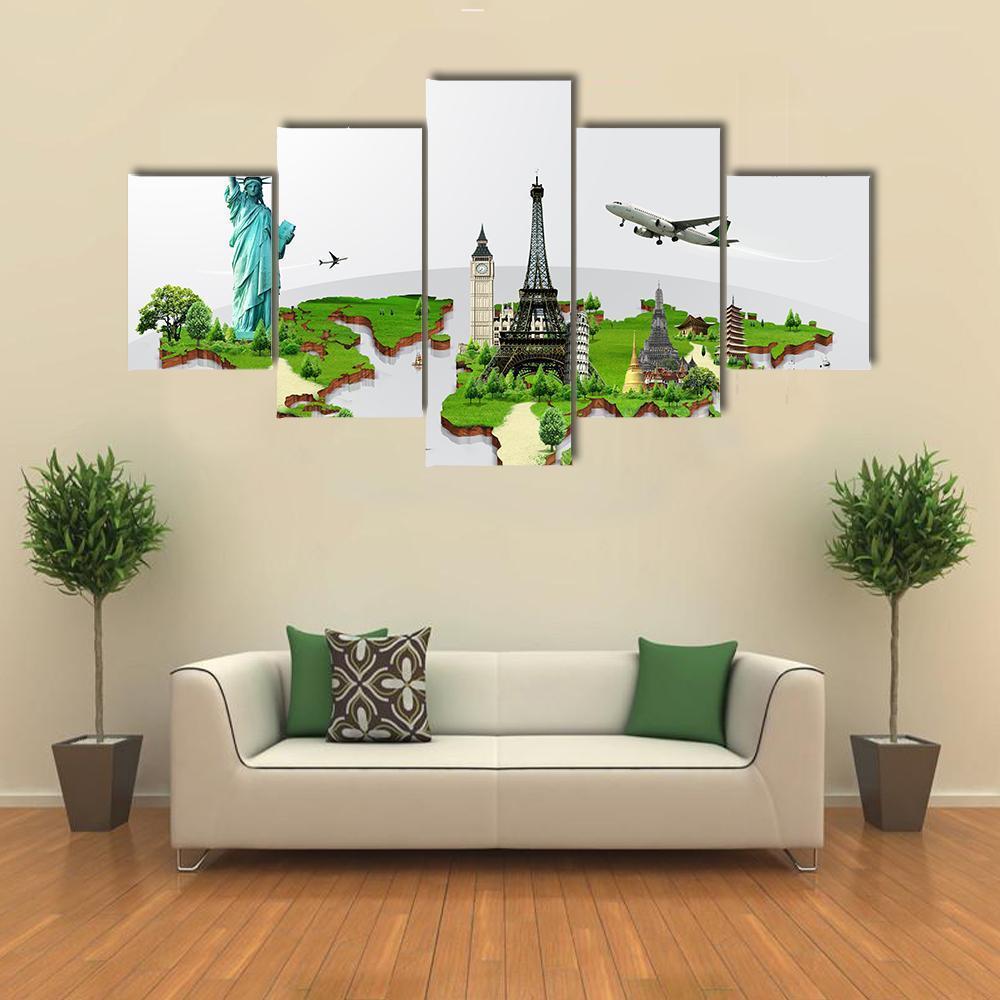 Travel The World Monuments Concept Canvas Wall Art-5 Star-Gallery Wrap-62" x 32"-Tiaracle