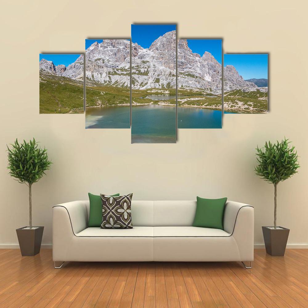 Tre Cime Lake In Dolomites In Italy Canvas Wall Art-5 Star-Gallery Wrap-62" x 32"-Tiaracle
