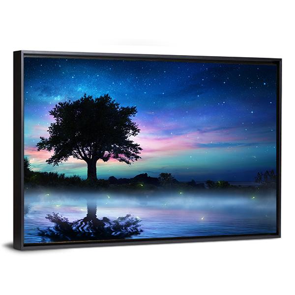 Tree At Starry Night Canvas Wall Art-5 Horizontal-Gallery Wrap-22" x 12"-Tiaracle
