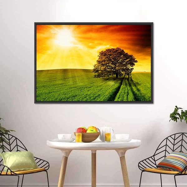 Tree In Field At Sunset Canvas Wall Art-3 Horizontal-Gallery Wrap-25" x 16"-Tiaracle