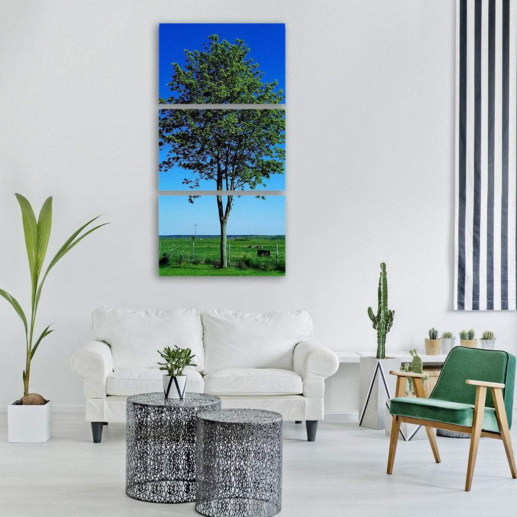 Tree In Green Meadow Landscape Vertical Canvas Wall Art-3 Vertical-Gallery Wrap-12" x 25"-Tiaracle