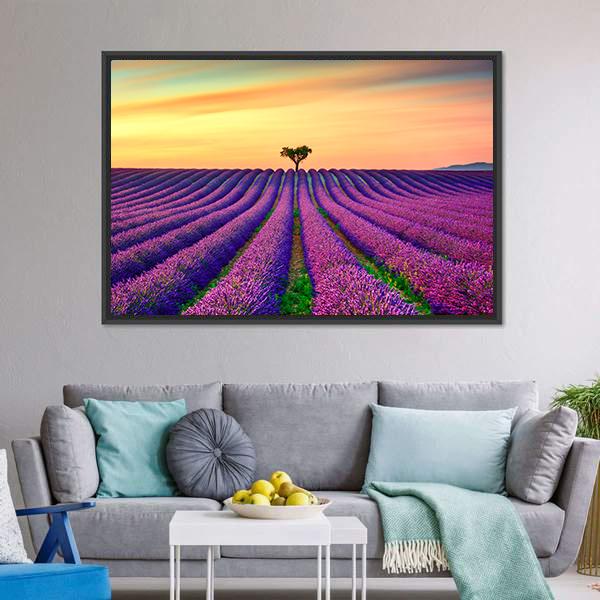 Tree In Lavender Field Canvas Wall Art-3 Horizontal-Gallery Wrap-25" x 16"-Tiaracle