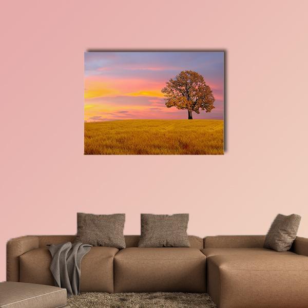 Tree In The Field With Clouds Canvas Wall Art-1 Piece-Gallery Wrap-48" x 32"-Tiaracle
