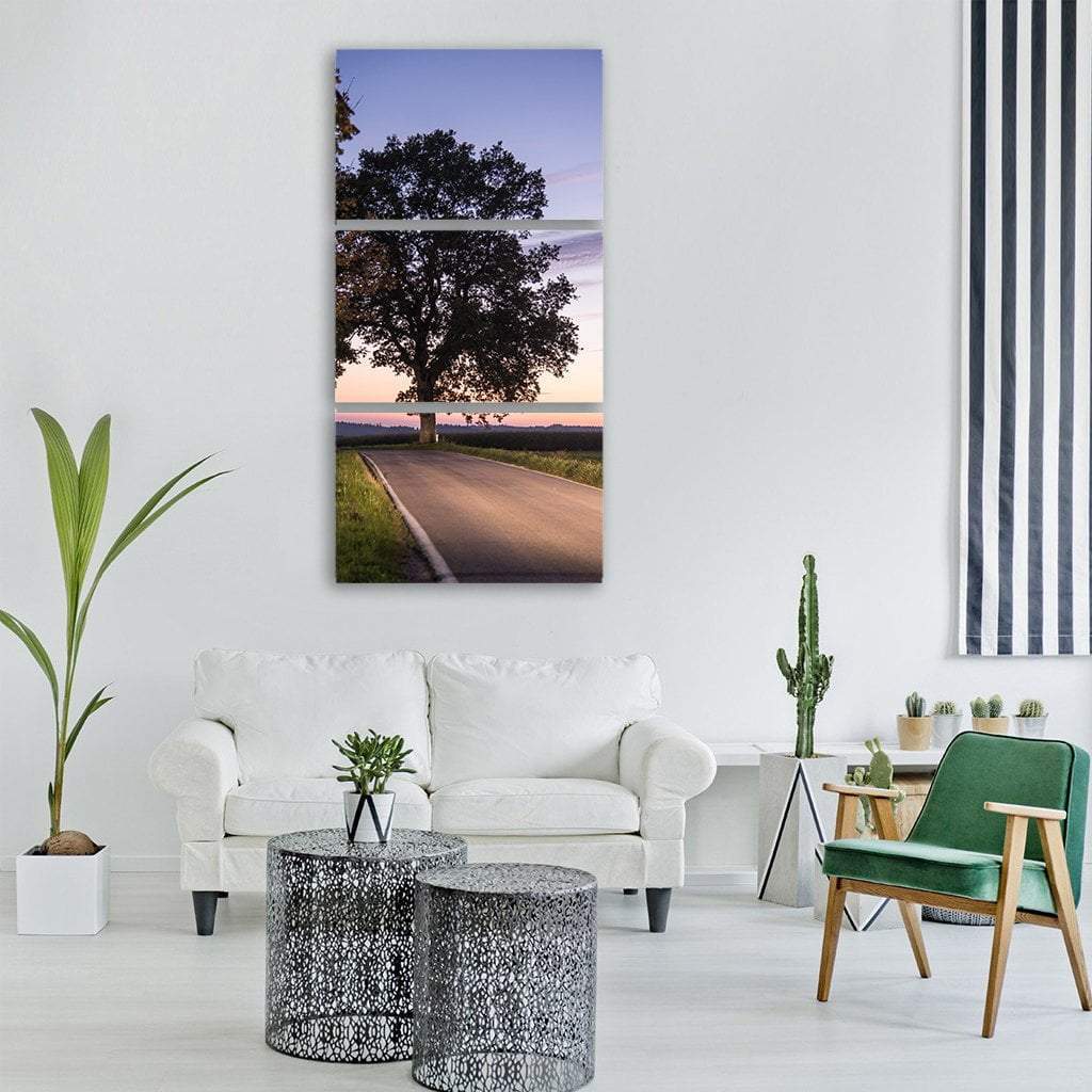 Tree Near Road At Sunset Vertical Canvas Wall Art-3 Vertical-Gallery Wrap-12" x 25"-Tiaracle