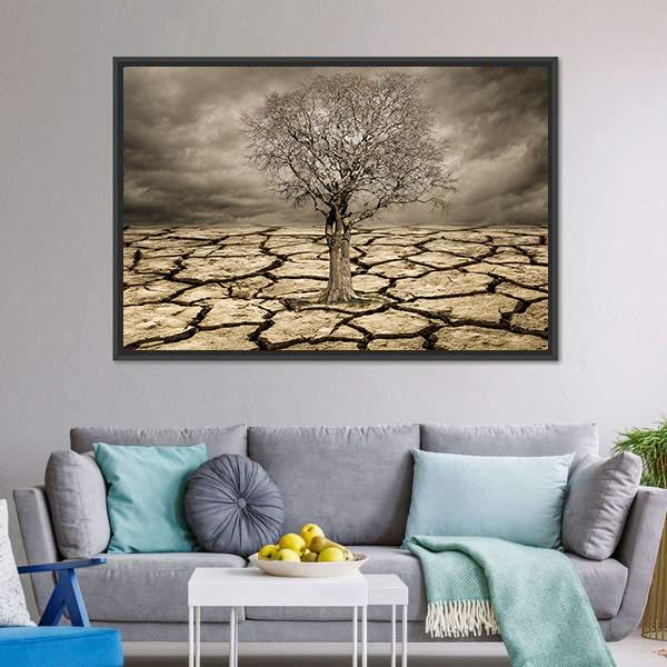 Tree On Cracked Mud Canvas Wall Art-3 Horizontal-Gallery Wrap-25" x 16"-Tiaracle