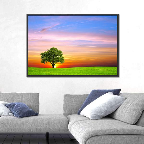 Tree On Field Canvas Wall Art-1 Piece-Floating Frame-36" x 24"-Tiaracle