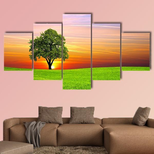 Tree On Field Canvas Wall Art-5 Star-Gallery Wrap-62" x 32"-Tiaracle